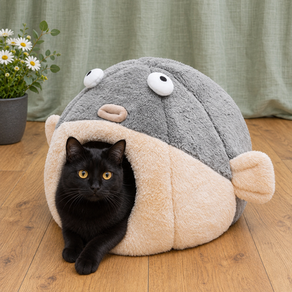 Pet looking forward from the pufferfish cave bed
