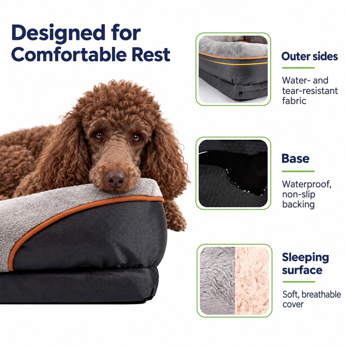 Bed surface, side fabric and non-slip backing details