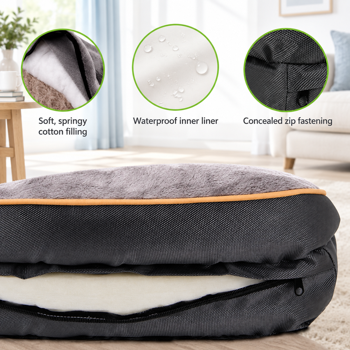 Cotton bolster filling, waterproof liner and concealed zip