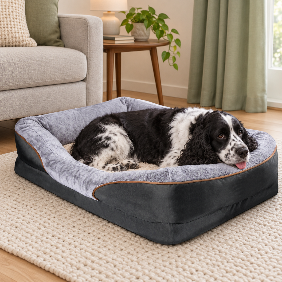Dog resting on the memory foam sofa bed in a living room