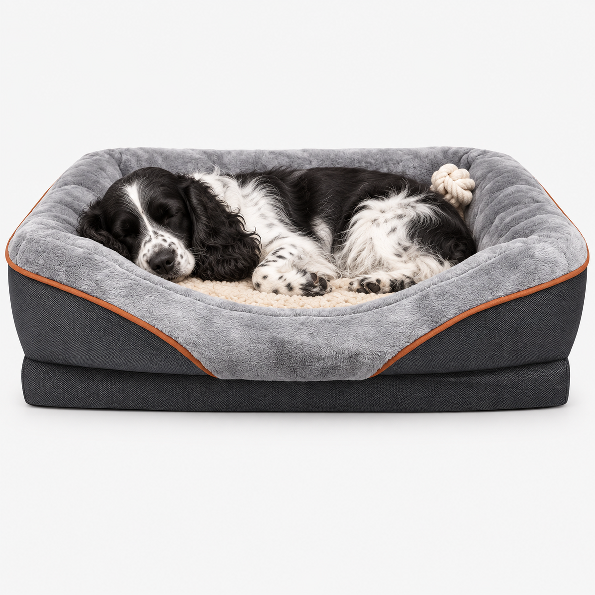 Dog sleeping against the sofa bed bolsters